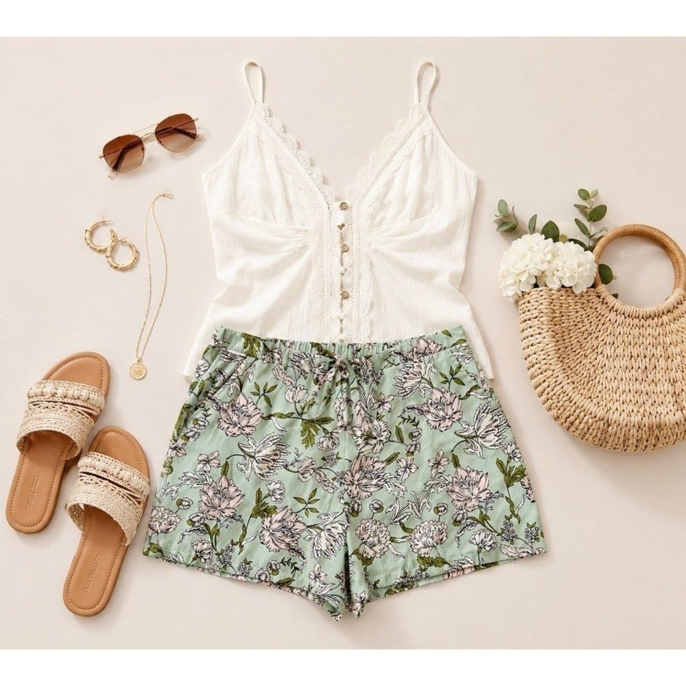 Joie Floral Print Drawstring Shorts Sage Green Pink Women's Large Relaxed Fit